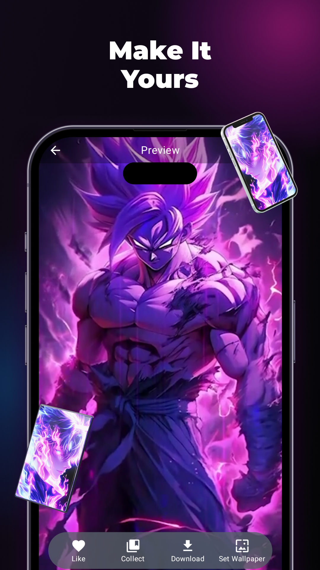 Full-screen wallpaper preview with Like, Collect, Download, and Set Wallpaper actions